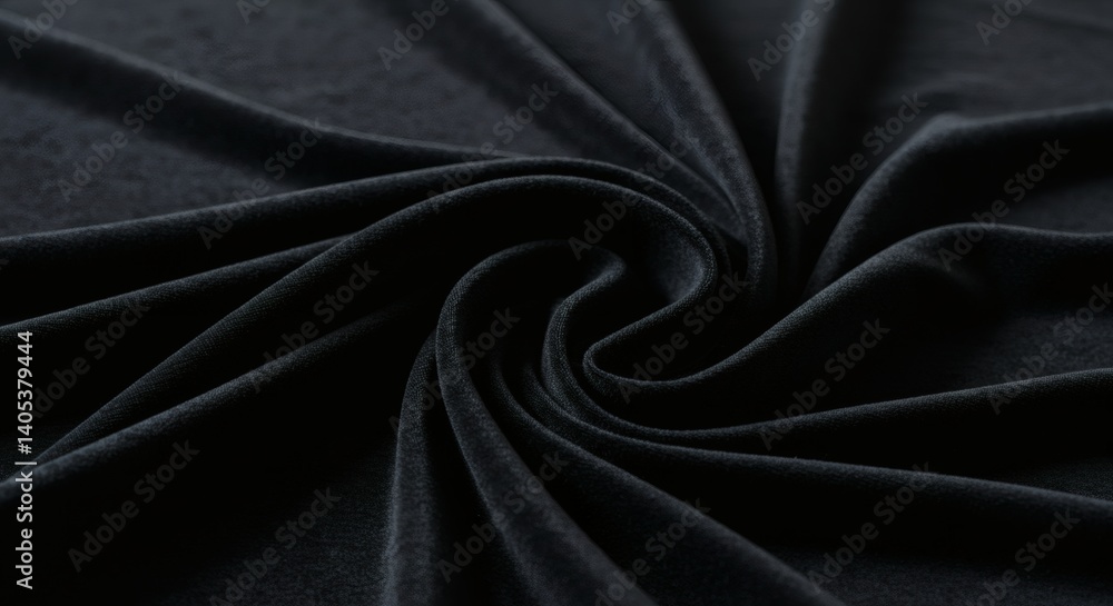 Draped Black Velvet Fabric Forming Swirling Pattern for Elegant Background Draped Black Velvet Fabric Forming Swirling Pattern for Elegant Background