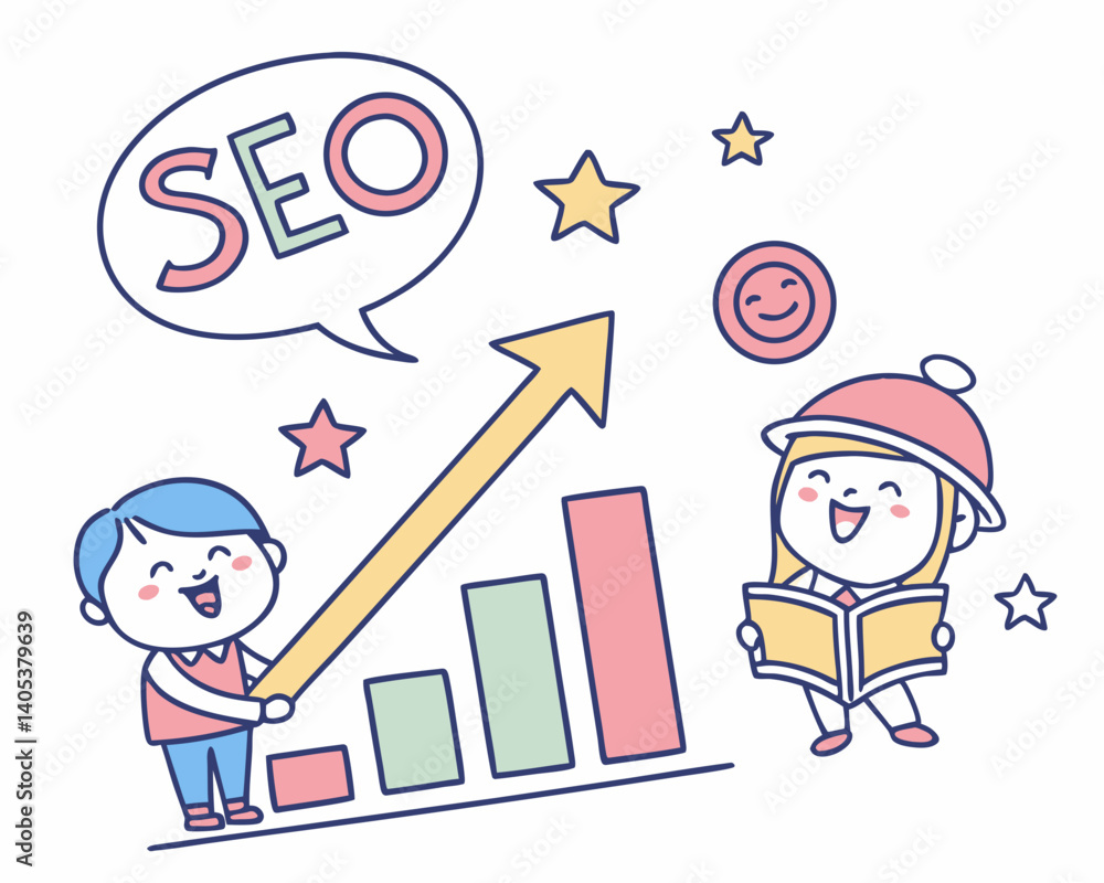 Two Children Illustrating SEO Growth with Charts and Stars Two Children Illustrating SEO Growth with Charts and Stars