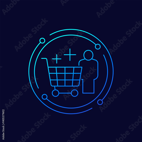 person with shopping cart icon, linear design