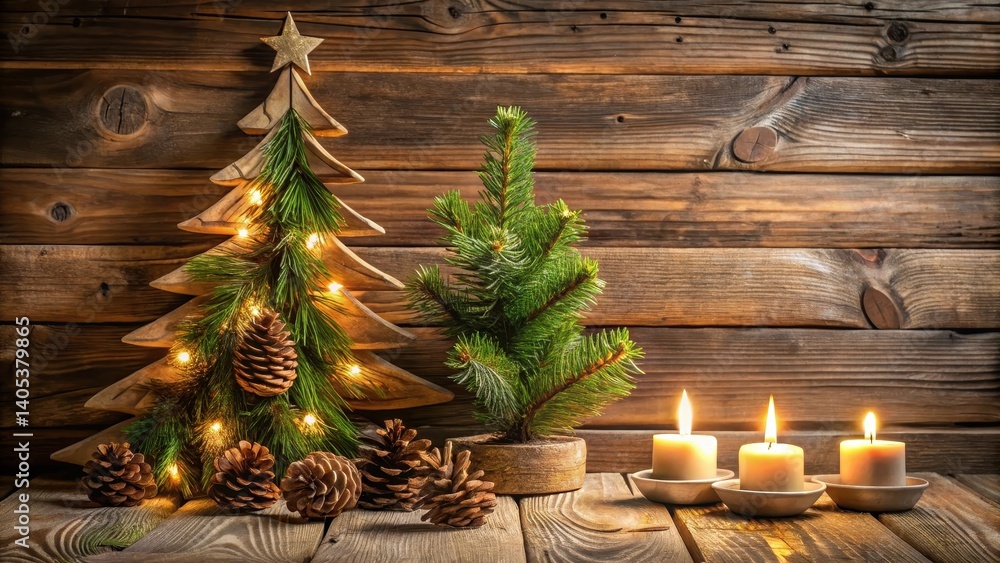 A wooden Christmas tree with candles lit, surrounded by evergreen branches and pinecones in a cozy cabin setting , Evergreen Branches, Winter Wonderland A wooden Christmas tree with candles lit, surrounded by evergreen branches and pinecones in a cozy cabin setting , Evergreen Branches, Winter Wonderland