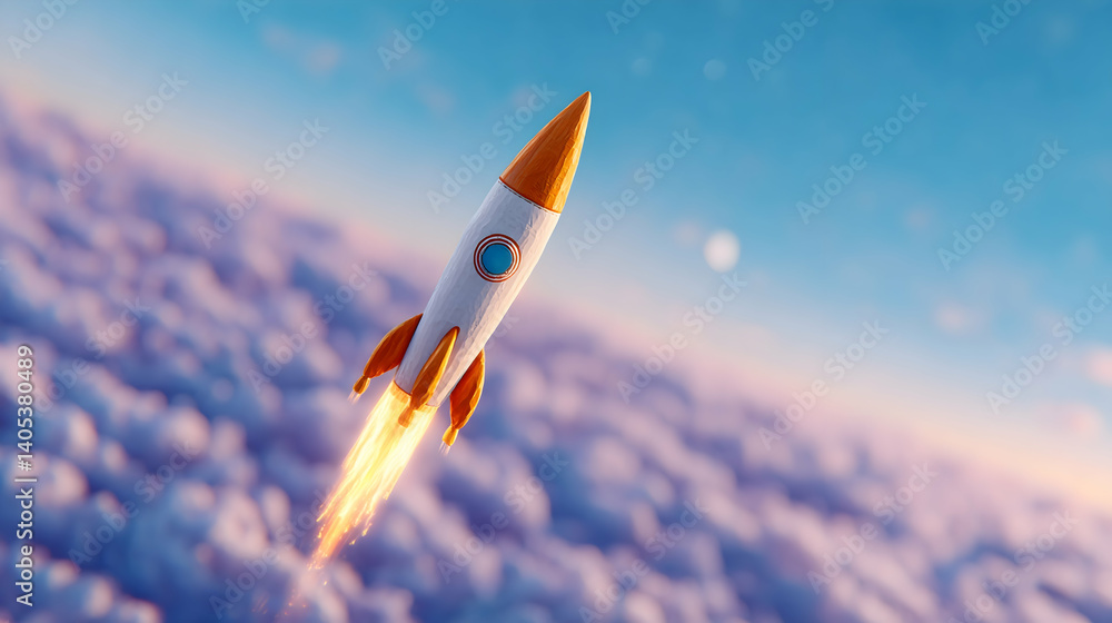 Retro rocket soaring through vibrant sunset clouds. Generative AI Retro rocket soaring through vibrant sunset clouds. Generative AI