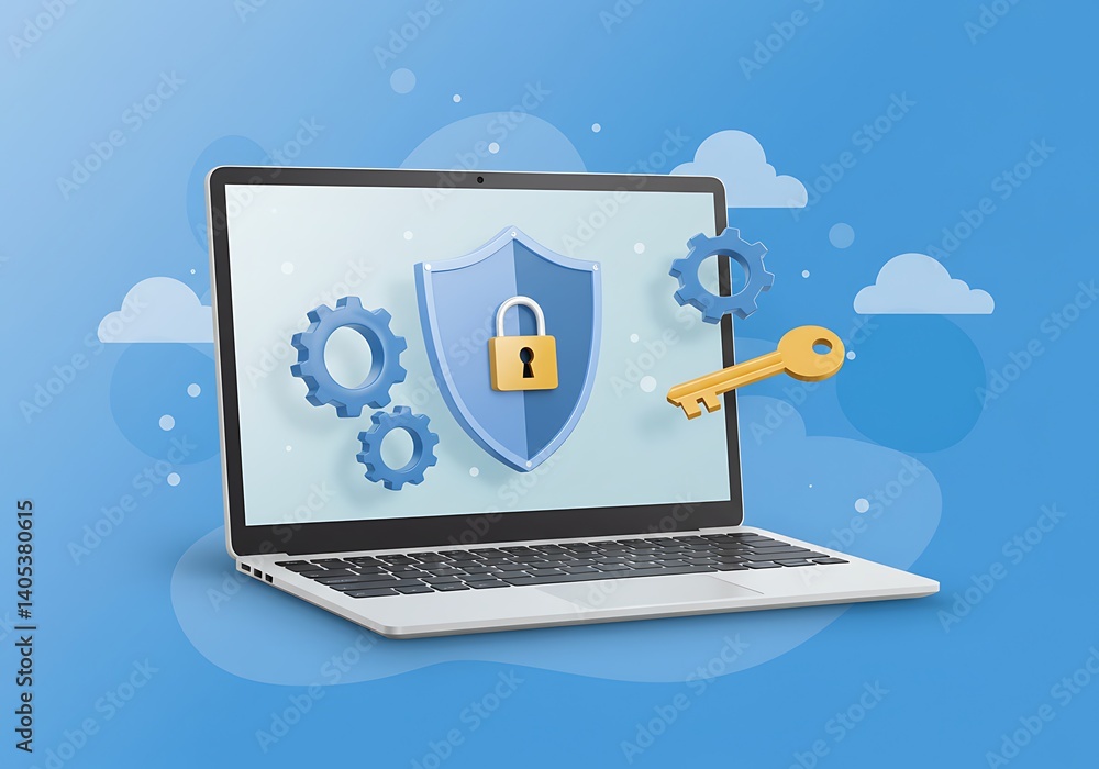 Cybersecurity Protection – Secure Laptop With Shield, Lock, and Cloud