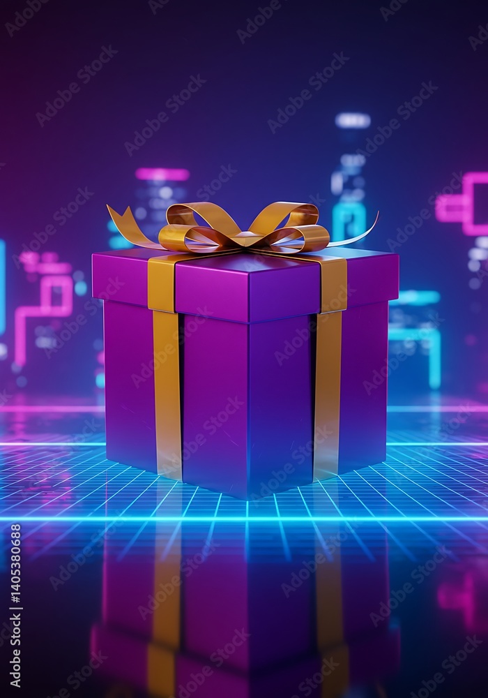 Futuristic Gift Box With Golden Ribbon on Glowing Neon Grid