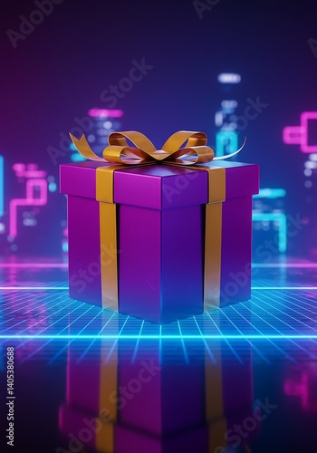 Obraz na płótnie Futuristic Gift Box With Golden Ribbon on Glowing Neon Grid w salonie