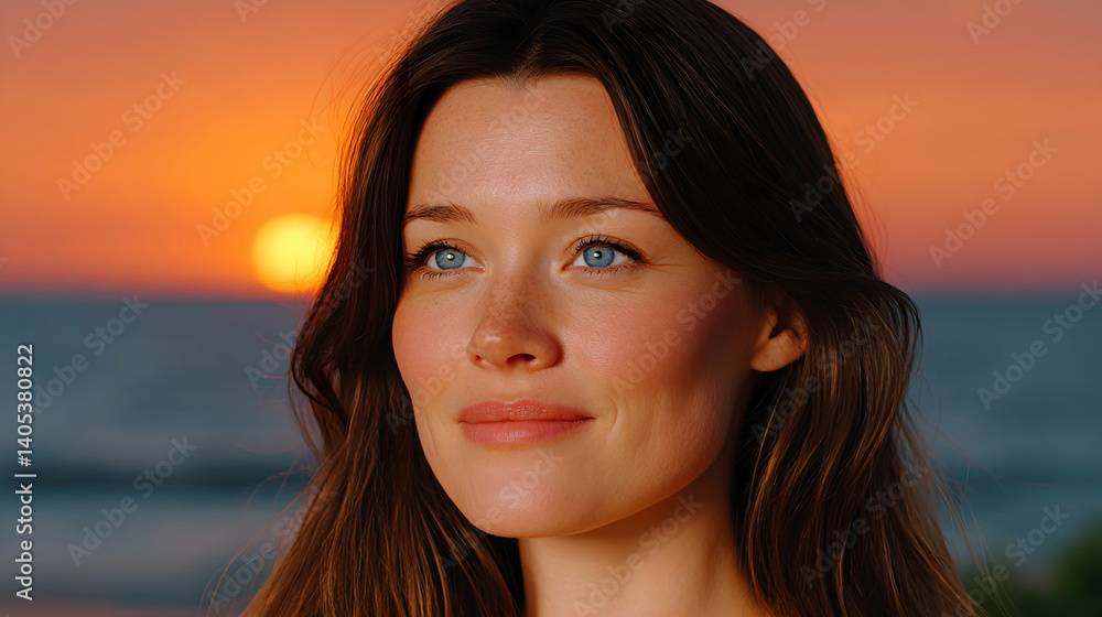 Serene woman gazes at sunset over ocean. Generative AI Serene woman gazes at sunset over ocean. Generative AI