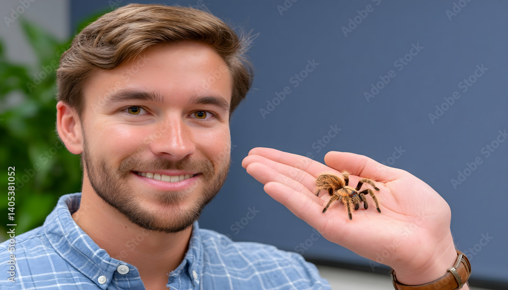 Smiling man gently holding a small tarantula on his open palm. Generative AI Smiling man gently holding a small tarantula on his open palm. Generative AI
