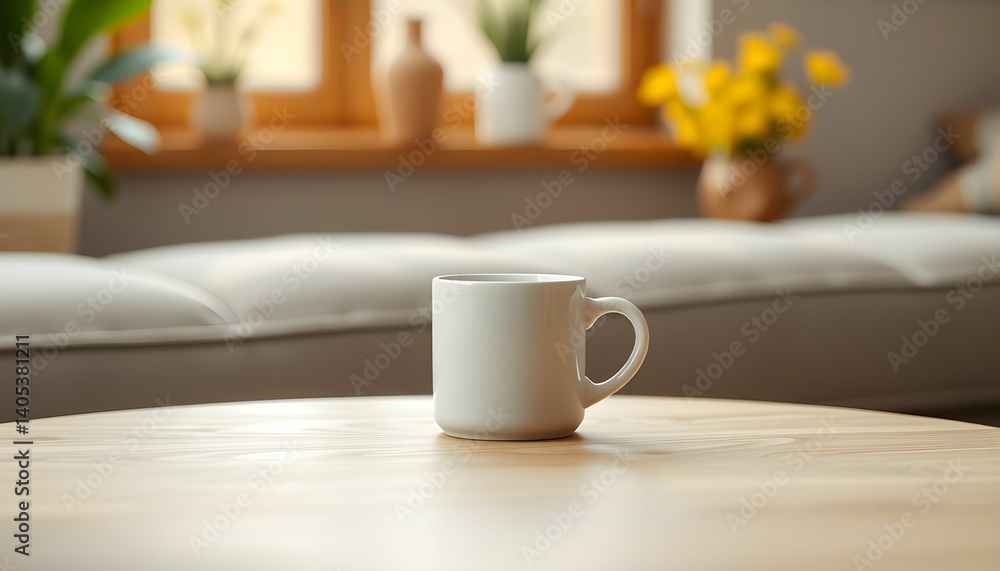 Cozy interior, morning light, white ceramic mug, wooden table, soft focus, warm ambiance, kitchen countertop, window in background, yellow flowers, minimalist style, hygge, serene atmosphere Cozy interior, morning light, white ceramic mug, wooden table, soft focus, warm ambiance, kitchen countertop, window in background, yellow flowers, minimalist style, hygge, serene atmosphere