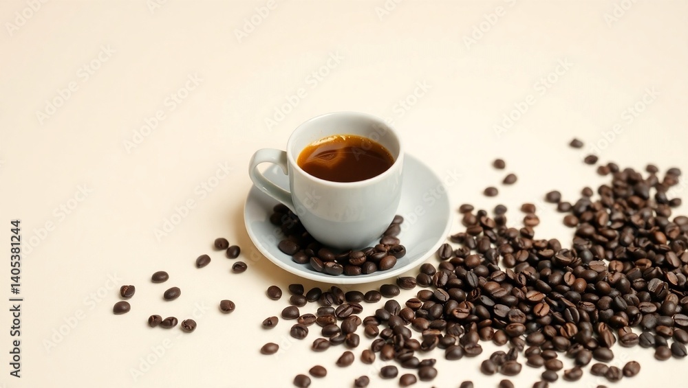 white cup with roasted coffee beans, coffee commercial, Ai generated white cup with roasted coffee beans, coffee commercial, Ai generated