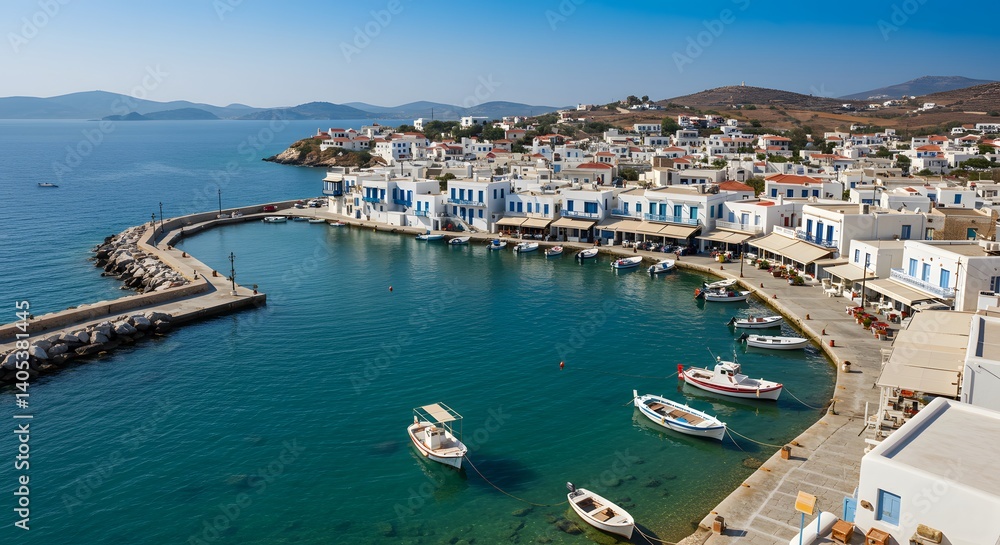 Charming Coastal Village with Harbor and Boats on a Sunny Day Charming Coastal Village with Harbor and Boats on a Sunny Day
