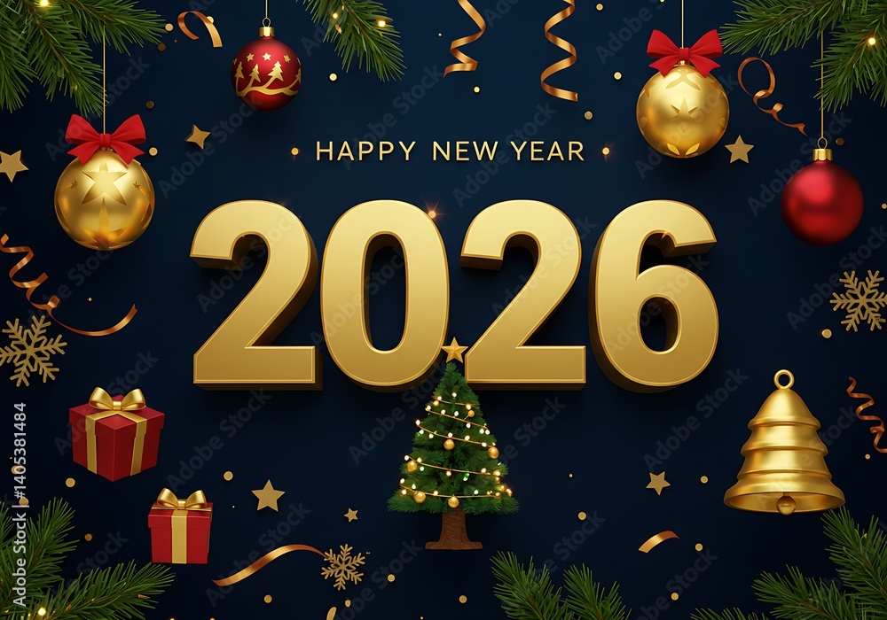 Festive 2026 New Year Greeting with Gold and Red Decorations