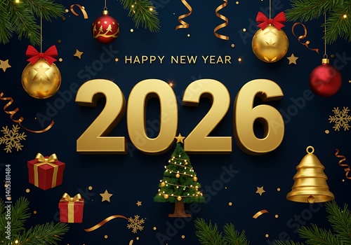 Obraz na płótnie Festive 2026 New Year Greeting with Gold and Red Decorations w salonie