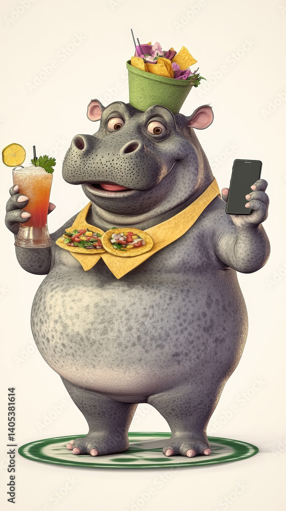Naklejka premium Hippo With Tacos, Drink and Phone. A cheerful hippo enjoys a cocktail, tacos, and holds a phone, likely ready to order more food. The hippo is wearing a festive necklace and a hat filled with snacks