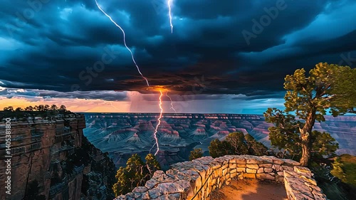 Dramatic Lightning Striking Over Grand Canyon with Vibrant Sky and Scenic View

