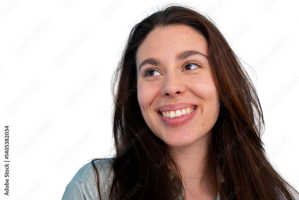 Studio shot of cheerful businesswoman smiling and looking away, isolated on transparent background Studio shot of cheerful businesswoman smiling and looking away, isolated on transparent background