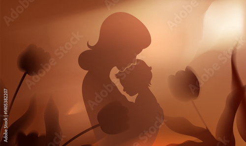 Mother's Day horizontal illustration of a mother and child in light and shadow