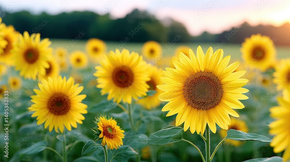 Fototapeta premium A vibrant field of sunflowers basking in sunlight, showcasing their bright yellow petals and rich brown centers against a serene background.