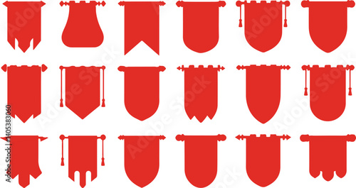 Red medieval banner silhouettes set vintage heraldic flag shapes for fantasy design, knight crests, RPG games, historical decorations