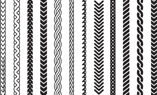 Decorative vertical borders vector set seamless black line dividers with chevron, rope, braid, chain and zigzag pattern designs