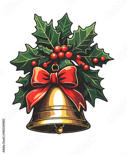 christmas bell with leaves, berries and bow isolated vector illustration