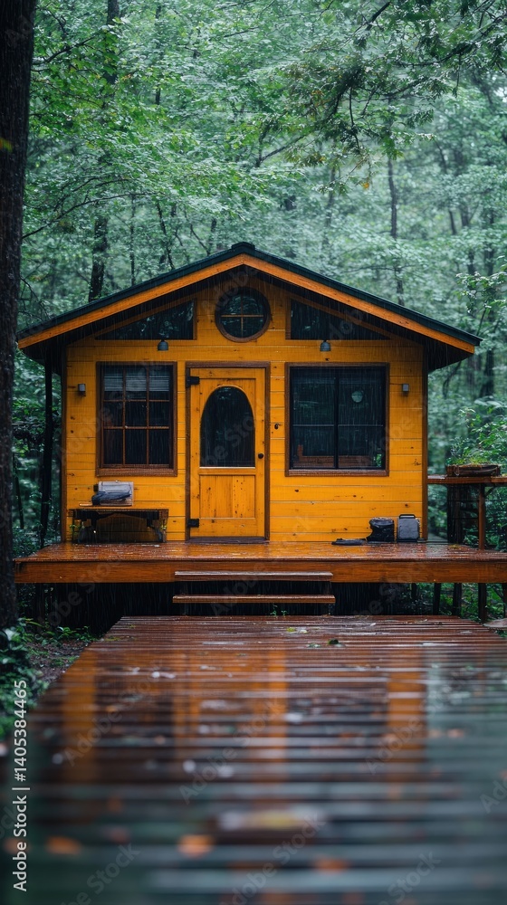 Obraz premium Cozy yellow cabin nestled in a vibrant, green forest with a wooden path leading to the entrance