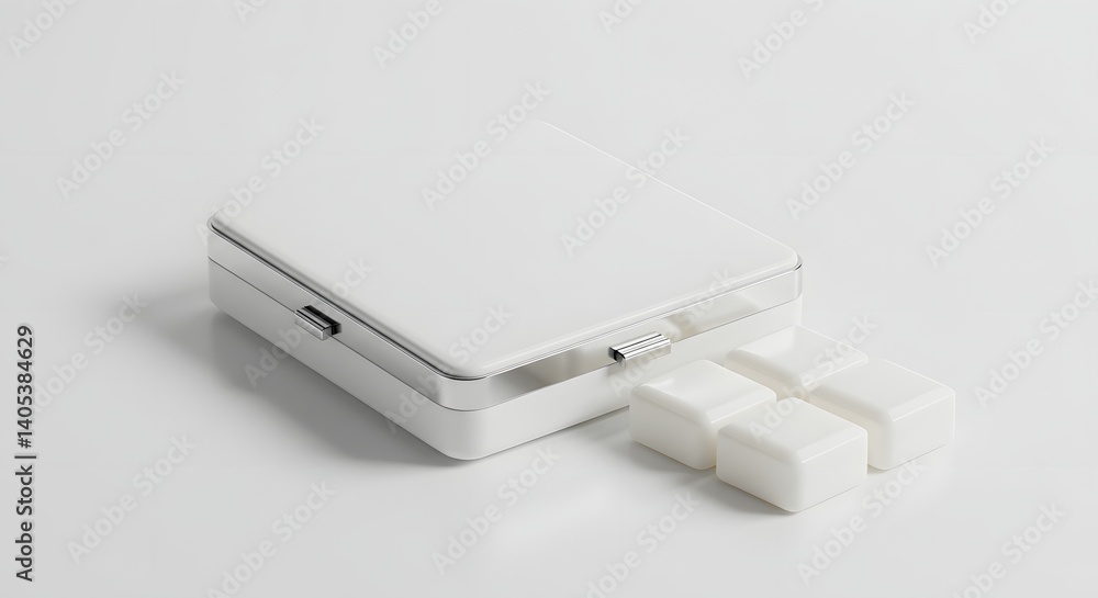 A minimalist shot of a white box with metal trim and white cubes spilling out on a white background A minimalist shot of a white box with metal trim and white cubes spilling out on a white background