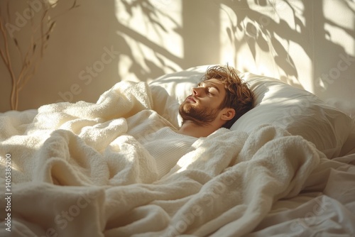 A man sleeps soundly in a sunlit bedroom. The peaceful scene features a person in deep rest amidst soft bedding, gentle shadows, and the tranquility of a quiet morning.