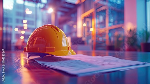 Bright yellow hard hat rests on blueprints in a modern workspace.