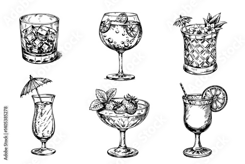 A set of six different types of drinks in glasses