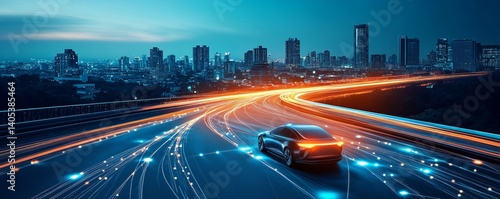 A sleek, autonomous vehicle gracefully navigates a futuristic cityscape along a highway, highlighted by streaks of digital light, illustrating the evolution of smart transportation.