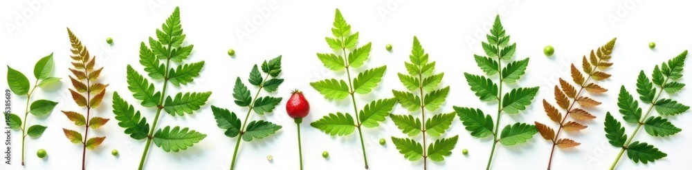 Ferns and seed pods isolated on white background, woodland, vegetation Ferns and seed pods isolated on white background, woodland, vegetation