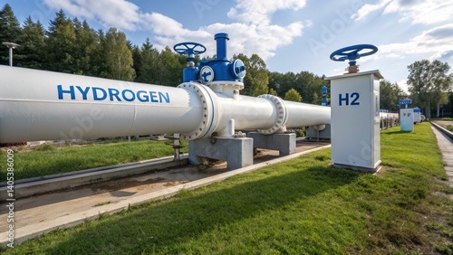 industrial energy transportation system featuring white pipelines and blue valves in outdoor facility
