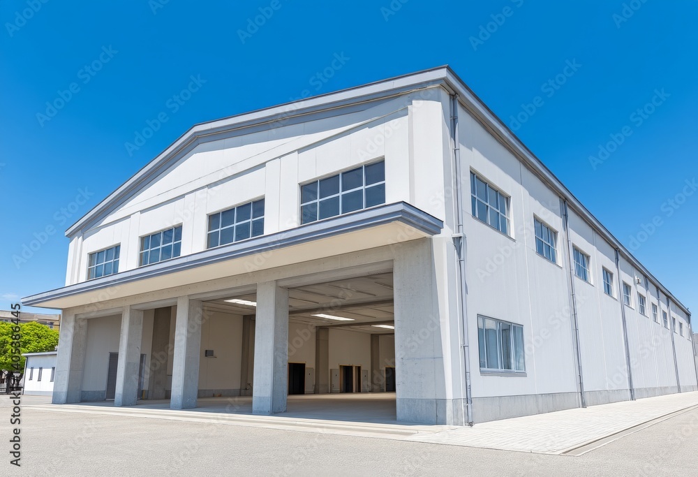 Large White Industrial Building with Gray Metal Accents Under Clear Blue Sky Large White Industrial Building with Gray Metal Accents Under Clear Blue Sky