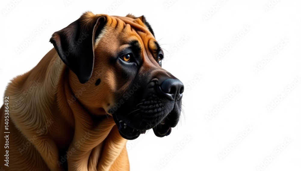 Fototapeta premium Imposing mastiff, alert expression, pure white backdrop, large dog, texture