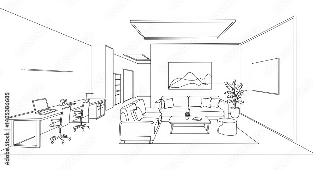 Obraz premium Line art of a modern coworking space interior design with minimalist aesthetics