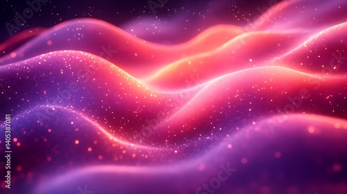 Abstract glowing pink and orange waves with particles.