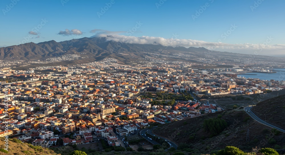 Coastal Cityscape with Mountain View and Clear Blue Sky