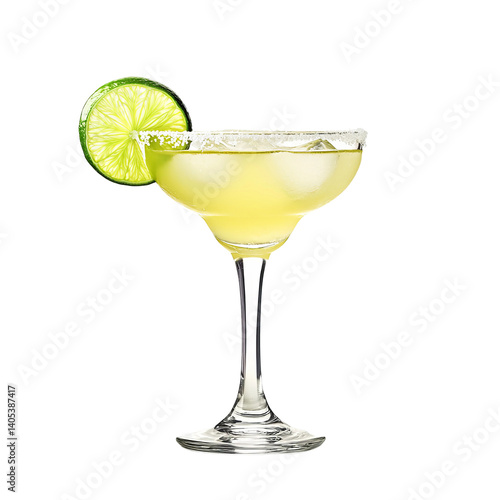 traditional margarita glass with lime slice on white background