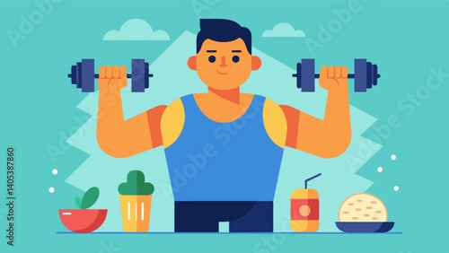 He may be sore and tired but a man knows that the time he puts in at the gym and the nutritious meals he eats are leading to strong and sculpted muscles.. Vector illustration
