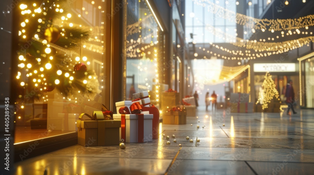 Christmas Decorations and Gift Boxes in Brightly Lit Shopping Mall