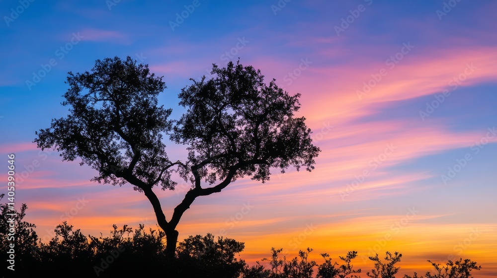 Obraz premium Heart-shaped tree silhouette under a romantic sunset, symbolizing love and warmth in nature's embrace. 