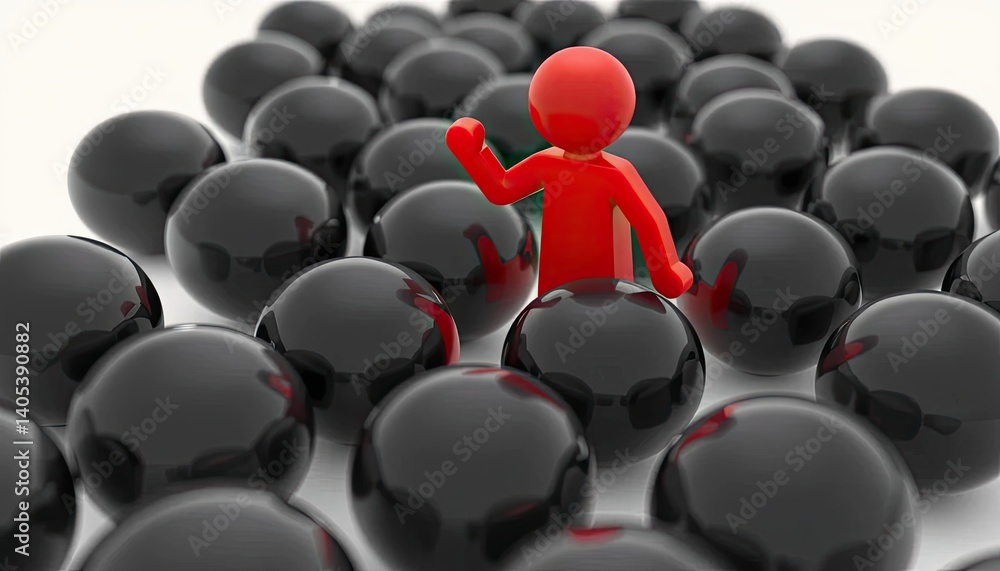 Red Figure Standing Out Among Black Spheres Symbolizing Unique Leadership and Individuality on White Background Red Figure Standing Out Among Black Spheres Symbolizing Unique Leadership and Individuality on White Background