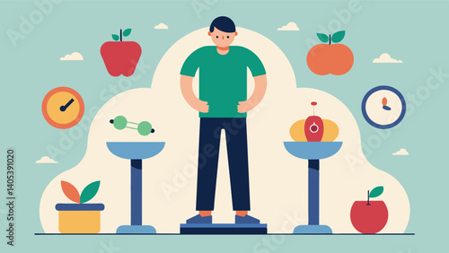 A person weighing themselves multiple times a day obsessing over every ounce lost or gained on their strict diet plan.. Vector illustration