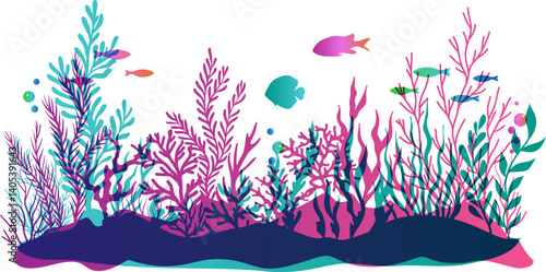 Undersea or aquarium colorful landscape scene.  Underwater plants, corals and reef wildlife. Vector illustration with deep marine inhabitants in overlay style.