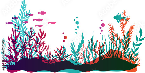 Undersea or aquarium colorful landscape scene.  Underwater plants, corals and reef wildlife. Vector illustration with deep marine inhabitants in overlay style.