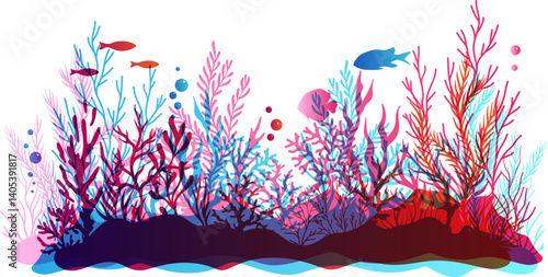 Undersea or aquarium colorful landscape scene.  Underwater plants, corals and reef wildlife. Vector illustration with deep marine inhabitants in overlay style.