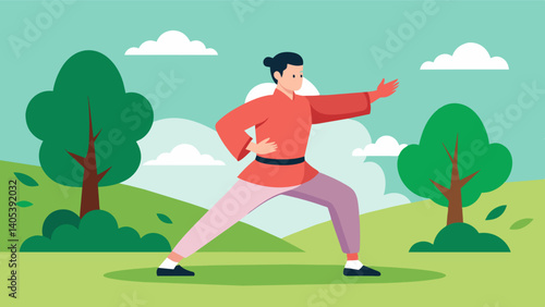 A man practicing Tai Chi in a park moving slowly and deliberately without the pressure to perfect each movement or keep up with others in the class.. Vector illustration