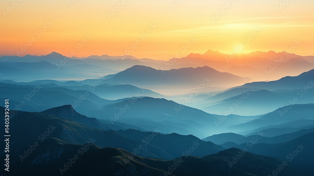 Sunrise paints a majestic panorama of layered mountain ranges. Sunrise paints a majestic panorama of layered mountain ranges.