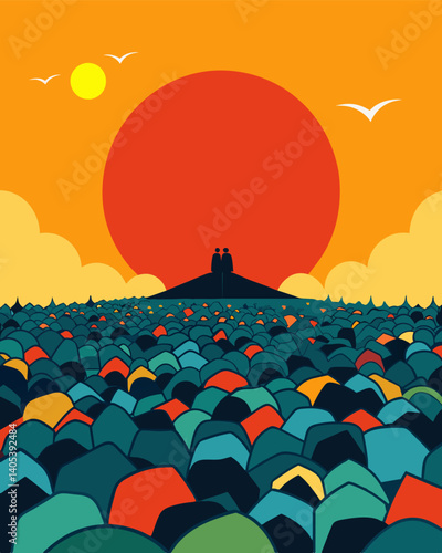 The harsh sun beats down on the endless rows of garments their only purpose now being to take up space in the already crowded landfill.. Vector illustration