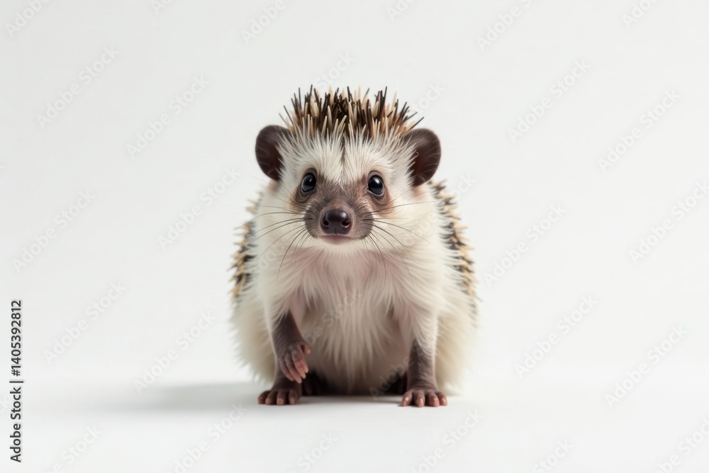 Fototapeta premium Hedgehog standing, facing forward, pure white backdrop, domestic, adorable, mammal