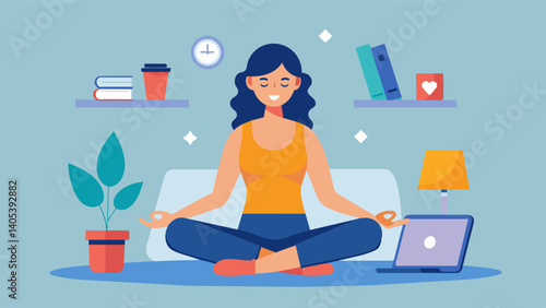 A woman replacing her morning routine of scrolling through social media with a yoga session prioritizing her mental wellbeing.. Vector illustration